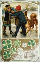 Dombornyomott litho,szecessziós, karácsonyi képeslap lóhere, korcsolya 1903