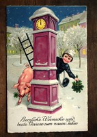 Karácsonyi képeslap kéményseprő, malac, lóhere, óra  1935