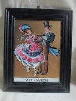 Alt-Wien Osztrák Népviseletet ábrázoló táncoló pár üvegre festett falikép. 19,5 x 16 cm.