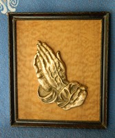 Bronz dombormű, imádkozó kéz antik képkeretben, kegytárgy