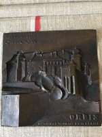 Régi  bronz emlékplakett Krakkó látképével az Orbis lengyel utazási irodától
