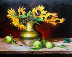 Napraforgók és almák 50 x 40 cm Eredeti KINVA festmény