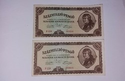 100 Millió Pengő 1946-os , 2 db , sorszámkövető bankjegy !!