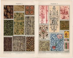 Kelme-, szövetnyomtatás, színes nyomat 1908, német nyelvű, litográfia, történet, régi, szövet
