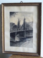 18x23cm / A.A 1933 grafika rézkarc keretezve szignózott Híd a folyón