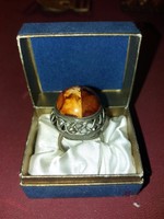 Antik Gyönyörű Valódi Borostyánnal nűi nagyméretű gyűrű ezüst ? 