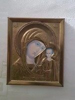 Régi sárgarézzel boritott Mária Kis Jézussal ikon 13×11cm.