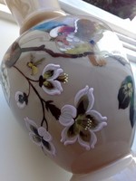 Viktoriánus kézzel festett Bristol-osztriga szürke opál üveg váza-virág,madár,bogár minta-32 cm