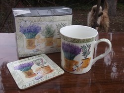 Levendula mot.2 részes teás csésze-bögre parafa alátéttel dobozában