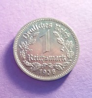 Gyönyörű ritka német 1 reichsmark 1938 F. 