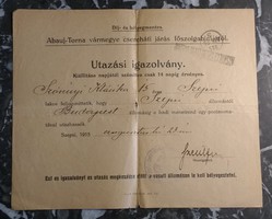 I. Világháború - Utazási igazolvány - Szepsi-Budapest - 1915 - Hadi menetrend postavonatával