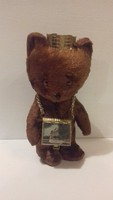A nice old retro teddy bear with a small book with pictures around his neck