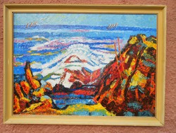 Vén Emil  Sziklás tengerpart képcsarnokos festménye.