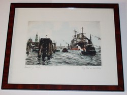 Adolf Mühlhan: Hamburgi kikötő, színezett rézkarc
