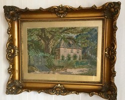 Balatoni ház régi gobelin kép eredeti hibátlan  Blondel  keretben, nagyon szép kézi munka!