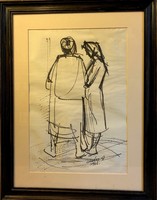 Soltész Albert 1964., 28x41 cm-es " Asszonyok " tus, papír,külmérete 44x57 cm