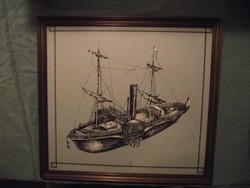 Kisfaludy hajó grafika, szignózott, üvegezett keretben 1985
