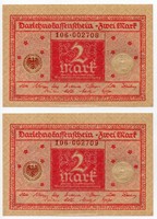Németország 2 német Márka, 1920, 2 db sorszámkövető, barna pecsétes, UNC