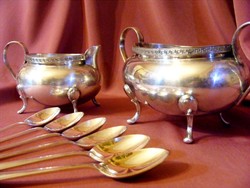 Pazar, antik, ezüstözött, teás vagy kávés kiegészítő szerviz készlet, 6 db kiskanállal