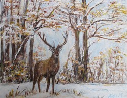 Vadász festmény - Téli szépség-szarvas az erdőben