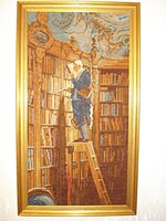 Az öreg könyvtáros - régi kézi gobelin, Carl Spitzweg - A könyvmoly c. műve alapján (78X43 cm)