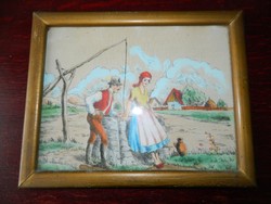 Antique approx. 100-year-old silk picture - courtship at the well