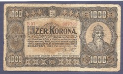 1000 Korona 1923 Magyar Pénzjegynyomda Rt. Budapest B07