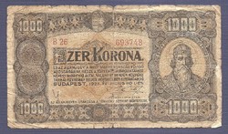 1000 Korona 1923 Magyar Pénzjegynyomda Rt. Budapest B26