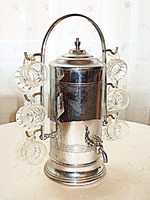 Art deco, csapos pálinkás tartály, 6 füles pohárral