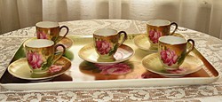 Antik, rózsa mintás mokkás, kávés csészék tányérkával