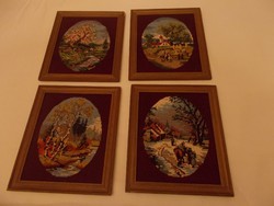Szép régi kézi készítésű gobelin kép fa keretben négy évszakos jelenettel