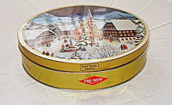 Bonbonos doboz, karácsonyi alpesi városkát ábrázoló képpel 