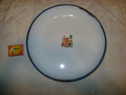 Régi, mesejelenetes zománcos tál, nagy tányér "Bonyhád" jelzéssel