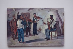 Deák S. olajfestmény cigányzene vidéki cigány muzsikusok búboskemence paraszt porta kép festmény 