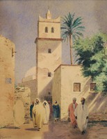Koszkol Jenő (1868-1935) Tuniszi Utca Akvarell Karton Mecset Utcakép Tájkép