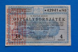 14. Magyar Királyi Osztálysorsjáték 1/4 sorsjegy 1925.