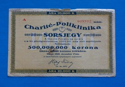 Charité - Poliklinika sorsjegy 10 000 Korona 1925. Ritka!