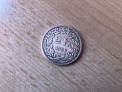 1906 ezüst svájci 2 frank 10 gramm 0,835 ritkább