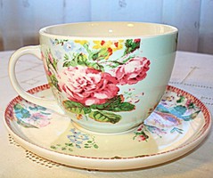 Rózsa és virágmintás angol porcelán teáscsésze, aljjal