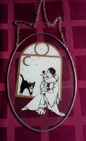 Tin-framed, large, painted glass window decoration 21 cm long without chain