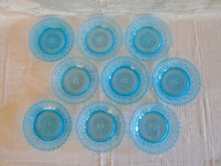 9 db retro kék különleges üveg süteményes, desszertes, salátás tányér, mintás üveg tálka