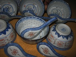 Kínai porcelán tál és  kanál rizs mintás