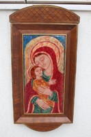 Marked artistic enamel image fire enamel. Mary with baby Jesus. Icon.