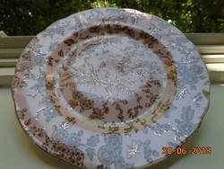 Aranykontúrozott,antik,egyedi festéssel,madár-rovar mintás rózsaszín tányér-20,8 cm