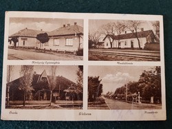 Gádoros régi képeslap, Királyság Egészségház, Vasútállomás, Óvoda, Kossuth tér