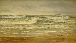 Ism.festő:Gőzhajó tengeren,kb. 100 éves olaj -vászon festmény