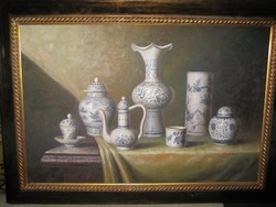 Csendélet , porcelánokkal , festmény  olaj - vászon   , S. Stone  szignóval