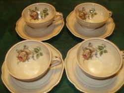 Jelzett  rózsás virágos vékony porcelán mokkás csésze+alátét kistányér hibátlan.4 szett