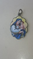 Antik ezüst porcelán medál Szűz Mária a gyermekkel. 