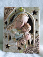 Mária kis Jézussal, régi jelzett könyv alakú pirogránit porcelán  11 x 13 cm